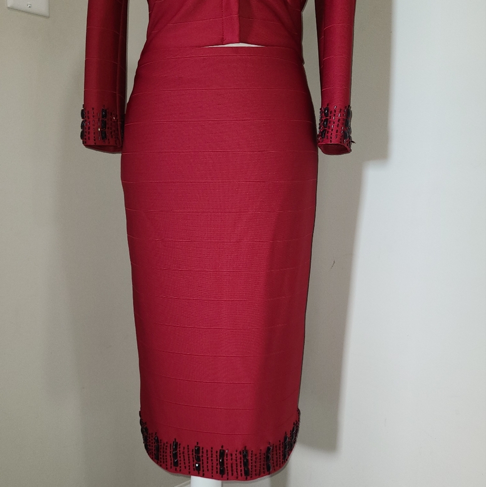 Bebe Elegant Red Bandage Skirt with Black Sequin Accents